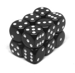Brique de 12 Dés 6 16 mm Opaques Noir Avec Points Blancs