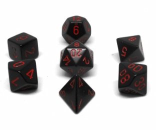 Ensemble de 7 dés polyhédriques opaques noir avec chiffres rouges