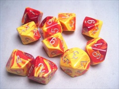 Ensemble De 7 Dés Gemeni Rouge/Jaune avec chiffres argents